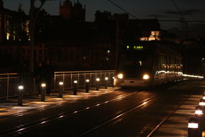 artificial lighting, evening, eye level view, night, Porto, Porto, Portugal, spring, street, tram, tramlines