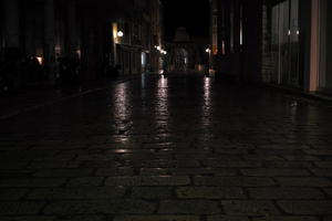 artificial lighting, building, city, Croatia, eye level view, night, pavement, pavement, paving, spring, street, wet, Zadar, Zadarska