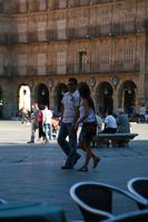 Castilla y Leon, couple, day, eye level view, group, people, plaza, Salamanca, Spain, summer, sunlight, sunny, sunshine