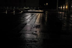 artificial lighting, city, Croatia, eye level view, night, pavement, plaza, spring, urban, walkway, wet, Zadar, Zadarska