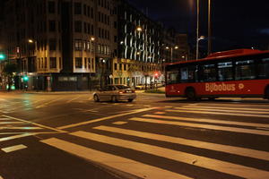 artificial lighting, Bilbao, car, crossing, eye level view, night, Pais Vasco, Spain, street