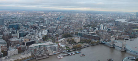 aerial view, city, day, diffuse, diffused light, England, London, overcast, The United Kingdom, Tower Bridge, urban, winter