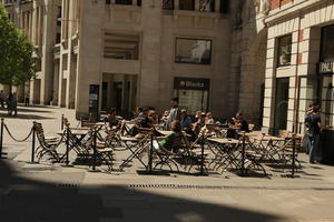 cafe, chair, day, England, eye level view, furniture, group, London, people, sitting, spring, sunny, table, The United Kingdom