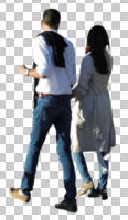 back, casual, caucasian, couple, cutout, cutout couples, cutout people, day, eye level view, sunny, walking