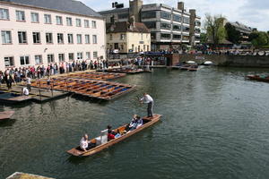 afternoon, Cambridge, canal, day, elevated, England, gondola, group, people, queuing, sitting, spring, The United Kingdom, transport