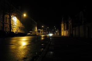 artificial lighting, city lights, eye level view, Kalisz, night, outdoor lighting, Poland, street, urban, wet, Wielkopolskie, winter