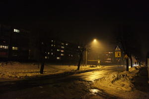 artificial lighting, eye level view, night, Poland, road, sign, snow, Wielkopolskie, winter