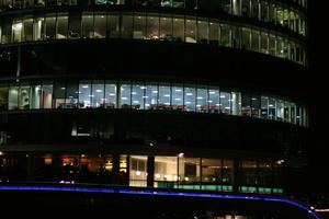 artificial lighting, below, England, facade, London, night, office, office building, outdoor lighting, spring, The United Kingdom