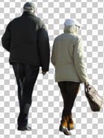 back, casual, caucasian, couple, cutout, cutout couples, cutout people, day, elderly, eye level view, sunny, walking, winter