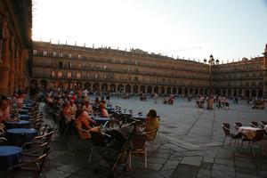 architecture, cafe, Castilla y Leon, day, eye level view, facade, group, people, plaza, Salamanca, sitting, Spain, summer, sunlight, sunny, sunshine