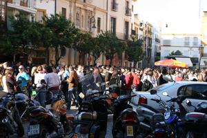 Andalucia, building, car, crowd, day, eye level view, motorcycle, people, plaza, Sevilla , Spain, transport, tree, vegetation