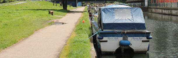 boat, canal, day, England, eye level view, London, path, spring, sunny, The United Kingdom