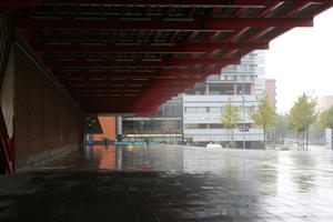 architecture, Barcelona, building, Cataluña, ceiling, day, eye level view, overcast, pavement, plaza, Spain, tree, vegetation