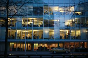 architecture, artificial lighting, building, car, dusk, England, eye level view, facade, glass, London, office, The United Kingdom, urban