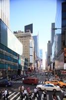 building, car, crossing, day, elevated, facade, glass, man, Manhattan, New York, people, skyscraper, standing, street, summer, sunny, taxi, The United States, van, walking, woman