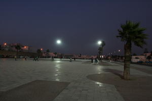 artificial lighting, autumn, Essaouira, eye level view, Morocco, night, palm, pavement, square, vegetation