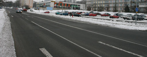 diffuse, diffused light, eye level view, Most, natural light, outdoor lighting, overcast, parking, road, snow, The Czech Republic, Ustecky Kraj, winter