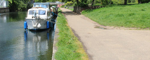 boat, canal, day, England, eye level view, London, path, spring, sunny, The United Kingdom