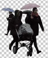 ambient light, cloudy, cutout, cutout groups, cutout people, day, diffuse, diffused light, eye level view, group, natural light, passerby, people, pushchair, rain, umbrella, walking, wet, winter, winter