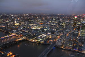 aerial view, artificial lighting, city, city lights, diffuse, diffused light, England, evening, London, river, The United Kingdom, urban, winter