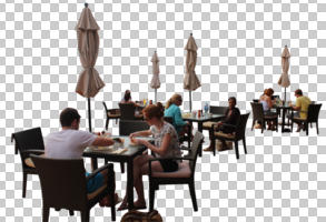 cafe, casual, chair, cutout, cutout furniture, cutout groups, cutout people, day, diffuse, diffused light, eating, elevated, furniture, group, sitting, summer, umbrella