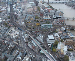 above, aerial view, city, day, diffuse, diffused light, England, London, overcast, railway, The United Kingdom, urban, winter