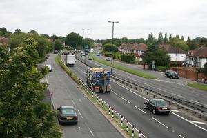 car, day, elevated, England, guardrail, London, natural light, road, The United Kingdom, truck, vegetation