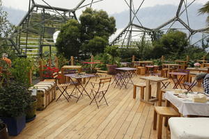 autumn, bench, cafe, chair, day, diffuse, diffused light, Eden Project, England, eye level view, furniture, garden, table, The United Kingdom