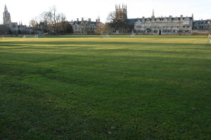 bright, dusk, England, eye level view, football pitch, grass, Oxford, The United Kingdom, winter