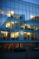 3-point perspective, architecture, artificial lighting, building, car, dusk, England, eye level view, facade, glass, London, office, The United Kingdom, urban