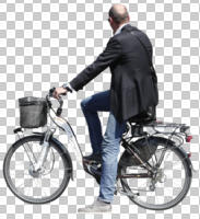 bicycle, caucasian, cutout, cutout men, cutout people, cycling, day, direct sunlight, eye level view, male, man, side, smart casual, standing, summer, sunny