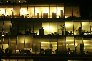 artificial lighting, below, England, facade, London, night, office, office building, The United Kingdom