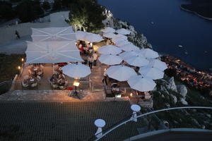 above, artificial lighting, cliff, Croatia, Dubrovacko-Neretvanska, Dubrovnik, evening, restaurant, summer, twilight, umbrella