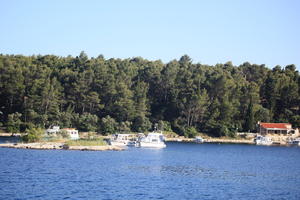 boat, coastline, Croatia, day, Dubrovacko-Neretvanska, eye level view, Korcula, seascape, summer, transport, tree, vegetation, woodland