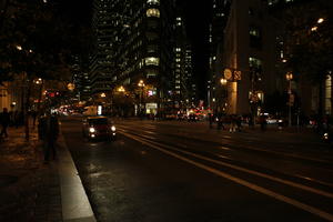 artificial lighting, autumn, California, car, cityscape, eye level view, night, outdoor lighting, San Francisco, street, The United States