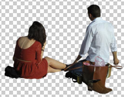 back, casual, caucasian, couple, cutout, cutout couples, cutout people, day, eye level view, sitting, summer, sunny