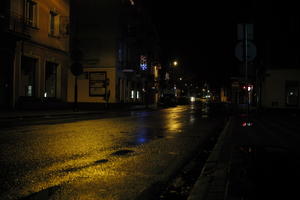 artificial lighting, city lights, eye level view, Kalisz, night, outdoor lighting, Poland, street, urban, wet, Wielkopolskie, winter