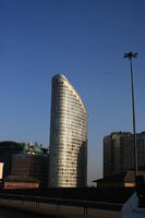 architecture, below, bright, building, dusk, England, lamppost, London, lowered, natural light, skyscraper, sunlight, sunny, The United Kingdom, tower, urban, winter