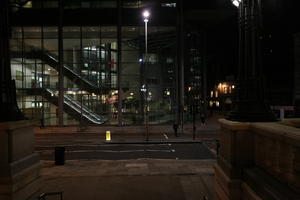 artificial lighting, elevated, England, entrance, facade, glass, London, night, office, office building, outdoor lighting, street, The United Kingdom, winter