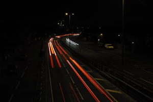 artificial lighting, car lights, city lights, elevated, England, evening, London, night, outdoor lighting, road, The United Kingdom, urban, winter