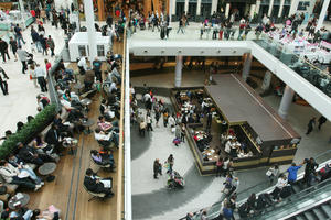 above, cafe, day, eating, elevated, England, group, indoor lighting, interior, London, mall, natural light, people, shopping, shopping centre, sitting, The United Kingdom, walking