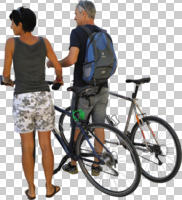 ambient light, back, bicycle, casual, caucasian, couple, cutout, cutout couples, cutout people, cycling, day, diffuse, diffused light, eye level view, NA, natural light, people, standing, summer, summer