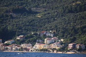 boat, building, Croatia, day, eye level view, Makarska, seascape, Splitsko-Dalmatinska, summer, tree, vegetation, villa, woodland