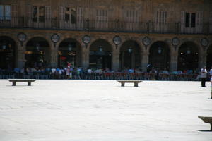 bench, Castilla y Leon, day, eye level view, plaza, Salamanca, Spain, summer, sunlight, sunny, sunshine