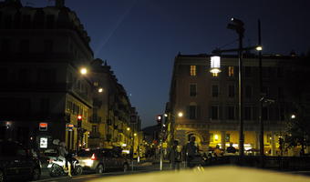 artificial lighting, car, city lights, evening, eye level view, France, motorcycle, Nice, night, Provence Alpes Cote D