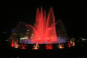 artificial lighting, Barcelona, Cataluña, eye level view, fountain, night, outdoor lighting, Spain