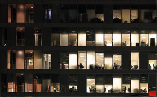 artificial lighting, city, city lights, England, eye level view, facade, interior, London, night, office building, outdoor lighting, The United Kingdom, urban