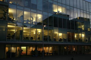 artificial lighting, autumn, England, evening, eye level view, facade, London, office, office building, The United Kingdom