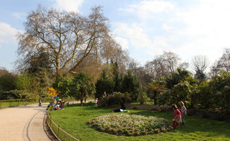 couple, day, deciduous, England, eye level view, flower, garden, girl, London, palm, park, plant, playing, shrub, spring, sunny, The United Kingdom, tree, youngster