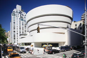 building, car, day, elevated, facade, Guggenheim Museum, Manhattan, New York, street, sunny, taxi, The United States, van